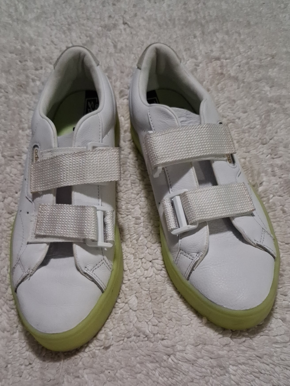 adidas Ladies White Sneakers with Lime Green Sole and Velcro Straps
